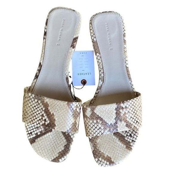 Zara Woman EU 41 US 10 leather snake print beige cream Tan nude slide sandals - Picture 3 of 13
